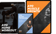 Digital tablet screens showing A90 Complete Training Bundle including A90 Home Workout, Muscle Growth video course, and Injury Prevention eBook.