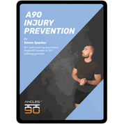 A fitness enthusiast stands thoughtfully on the cover of a book titled "A90 Injury Prevention (eBook & Video Material)" by Simon Barber, sharing his expertise gained from 12 years of strength training experience and a lifetime of gymn