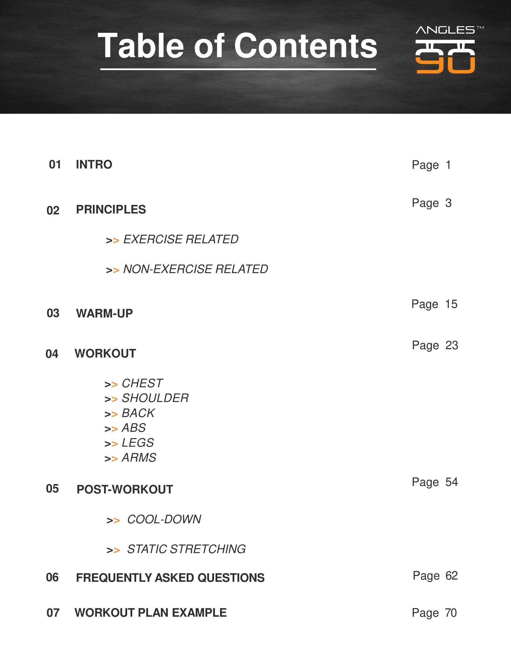 Table of contents for a fitness-related publication, outlining sections such as intro, exercise related, warm-up, workouts specific to lower back pain and A90 Injury Prevention (eBook & Video Material), cool-down, static stretching, and workout