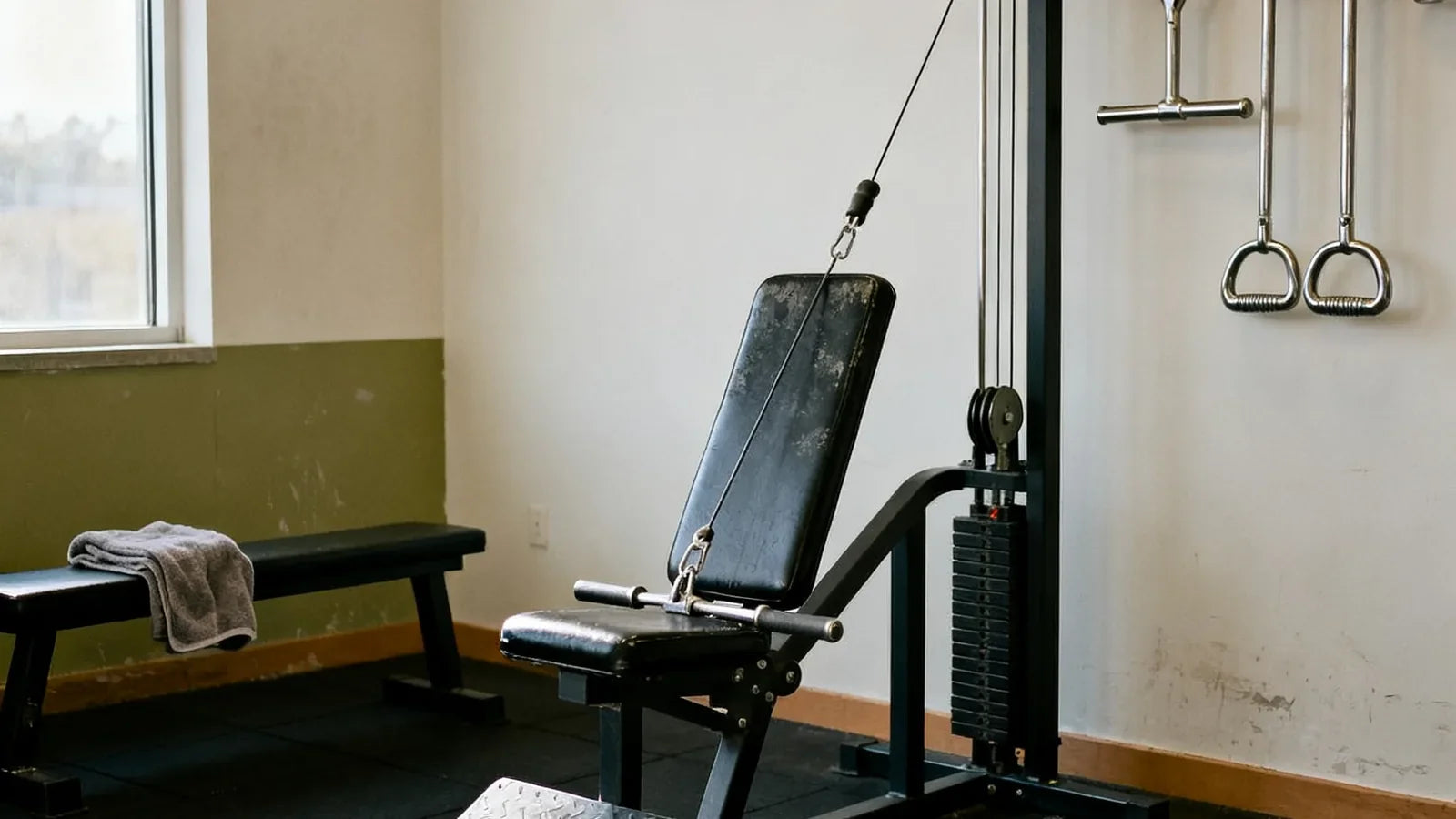 Empty seated cable row station in a sunlit gym, a straight bar resting on the seat and cable handles hanging on the wall