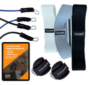 A90 Leg Day Set including adjustable ankle straps and hip bands, with a manual for leg, abs, and wrist workouts.