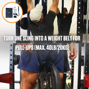 A person performs weighted pull-ups using the A90 Full Set as a weight belt, demonstrating an innovative gym equipment accessory with a maximum load of 40 pounds or 20.