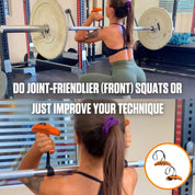 A woman performs a front squat at the gym using A90 Athlete Set grips, with a caption suggesting to do joint-friendly front squats or improve squatting technique, illustrated by a "no pain" approach.