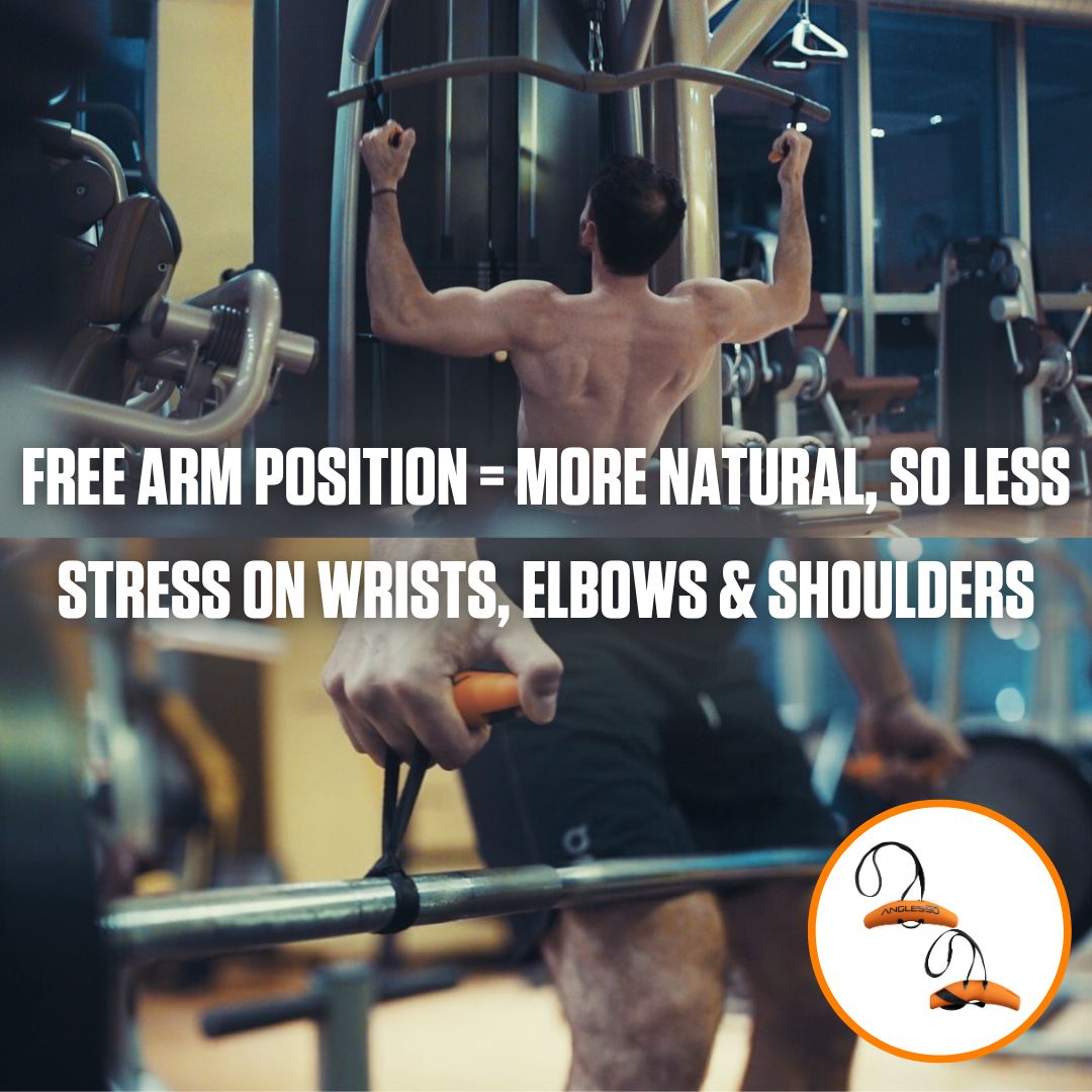 A man engaging in a lat pulldown exercise at the gym, highlighting the benefits of using A90 Athlete Set for a free arm position to reduce stress on wrists, elbows, and shoulders.