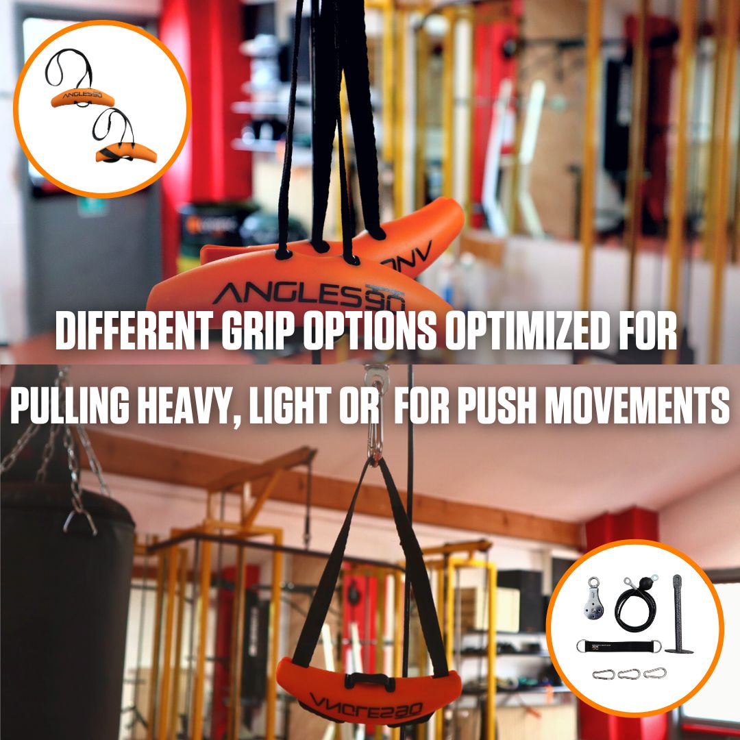 A variety of A90 Cable Pulleys and grips displayed to enhance workout versatility for different strength exercises with a pulley system.