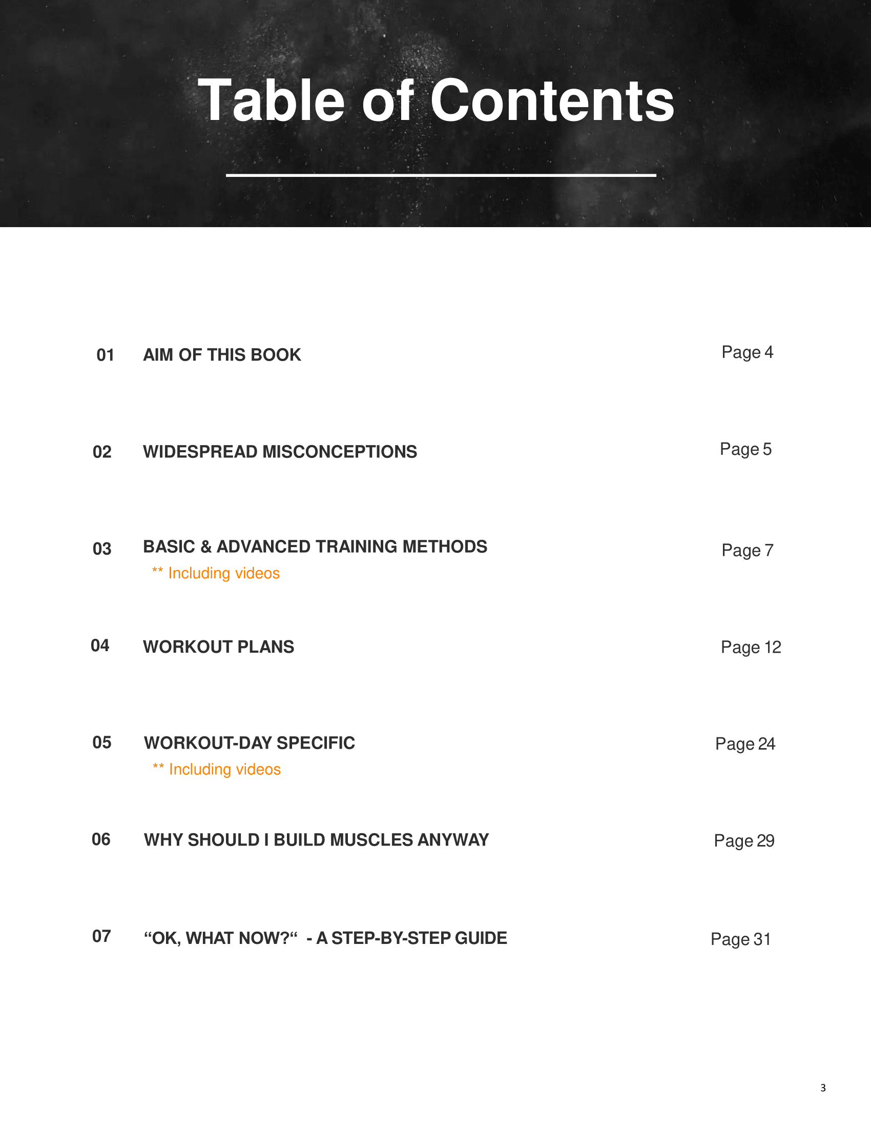 Sample page from the A90 Muscle Growth guidebook showing the table of contents with topics including misconceptions, gym equipment, workout programs, and a step-by-step guide on muscular development.