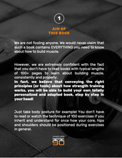 The image shows a text excerpt from the A90 Muscle Growth (eBook, Video Course, Workout Plans) that focuses on muscular development and building the right body posture. The page is titled "Aim of This Book" and outlines the book's features.