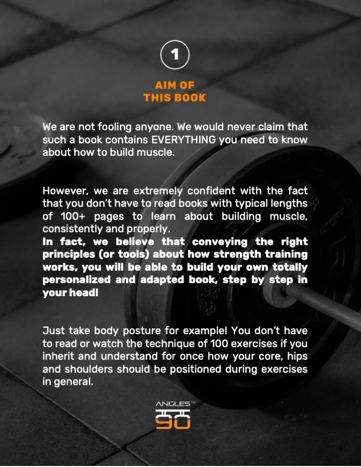 The image shows a text excerpt from the A90 Muscle Growth (eBook, Video Course, Workout Plans) that focuses on muscular development and building the right body posture. The page is titled "Aim of This Book" and outlines the book's features.