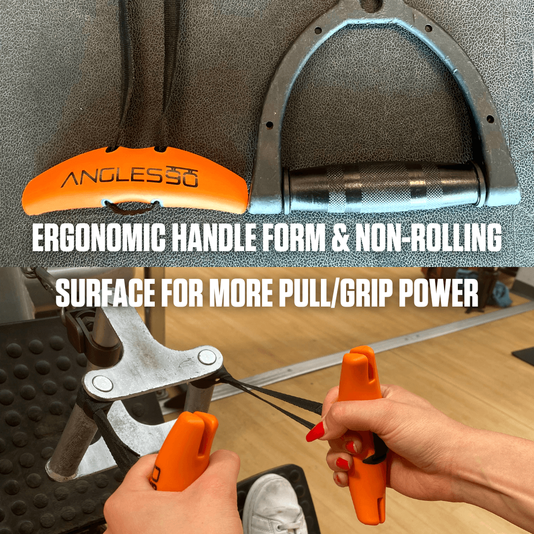 A person demonstrating the ergonomic handle and stable grip of an A90 Cable Pulley Set, possibly used for metalworking or woodworking, emphasizing the improved pull and grip power due to its Angles90 Grips.
